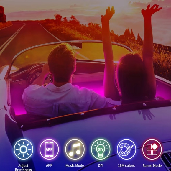 RGB Car Interior LED Strip Lights (4-Piece) | App Control, Music Sync, USB Plug - Picture 2 of 7